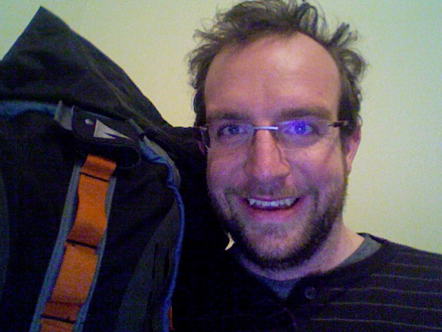 Excited for my Europe trip with my (borrowed from my brother) nearly all packed backpack.