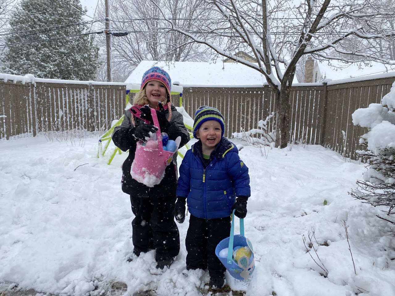 Though we still had a snowy backyard Easter egg hunt. Ha.