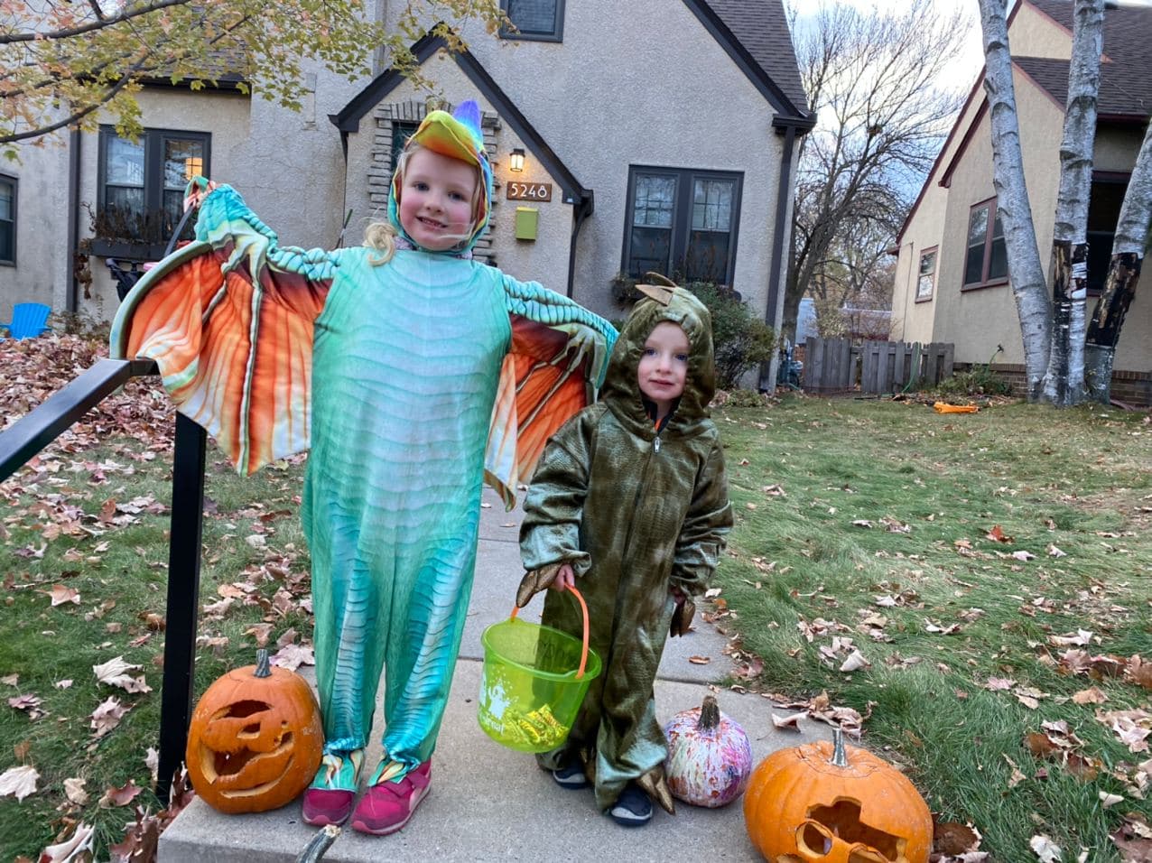 Two things trending in 2020: monster trucks (mostly Brennan) and dinosaurs (mostly Imogene). Fitting costume choices for Halloween.