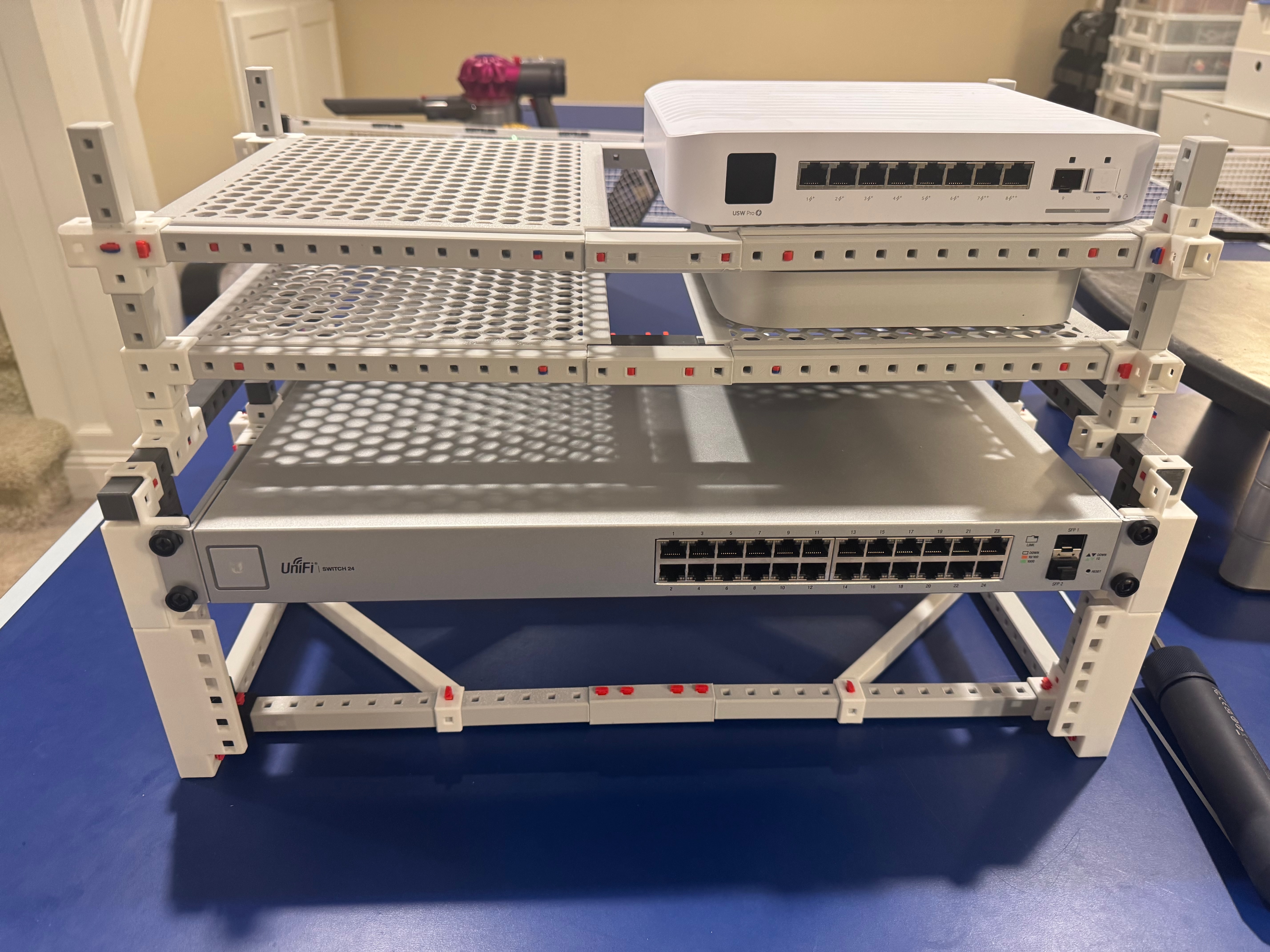 The new rack with some gear in it