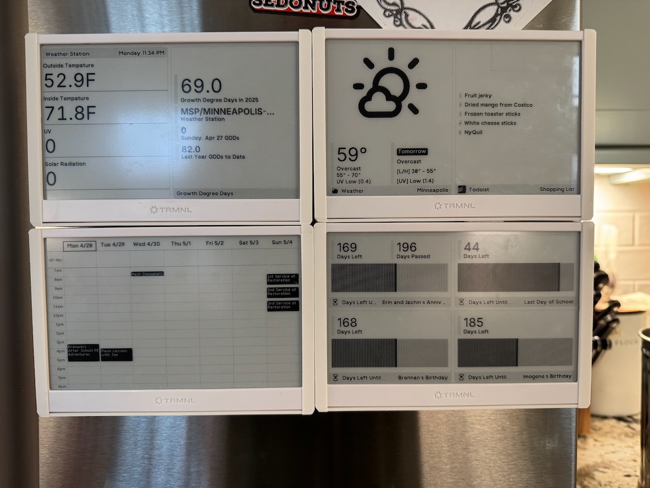 TRMNL Home Dashboard at Home on my Fridge